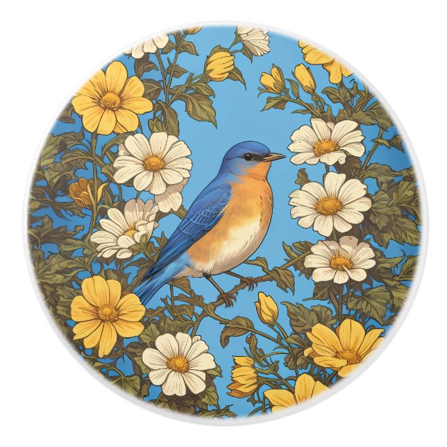 Pomo De Cerámica Cheerful Eastern Bluebird Yellow and White Flowers (Anverso)