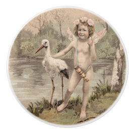 Pomo De Cerámica Cherub vintage con cigüeña por lago
