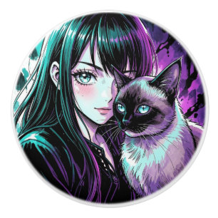 Pomo De Cerámica Chica anime bonita y gato siamés