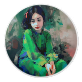 Pomo De Cerámica Chica con vestido verde