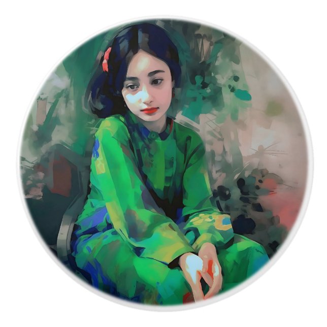 Pomo De Cerámica Chica con vestido verde (Anverso)