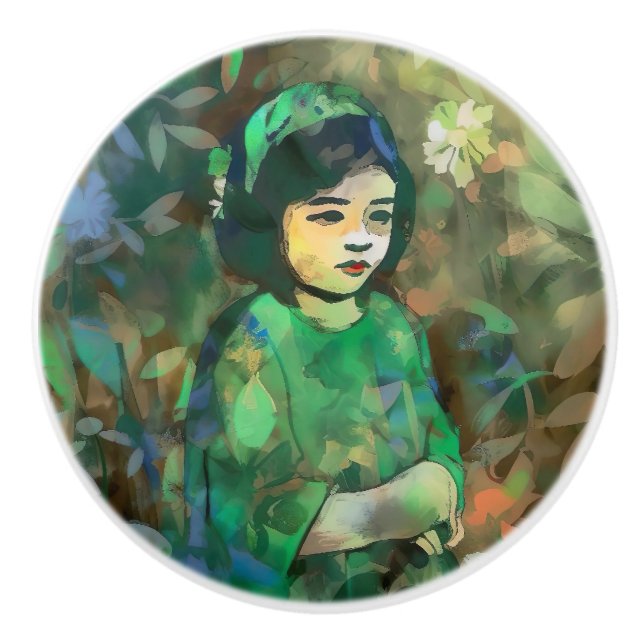 Pomo De Cerámica Chica con vestido verde (Anverso)