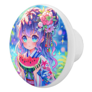Pomo De Cerámica Chica de anime come sandía en verano