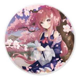 Pomo De Cerámica Chica De Anime Cuerdo Bajo Un Árbol De Flor De Cer