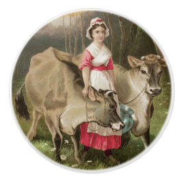 Pomo De Cerámica Chica de granja de cosecha de vintage y vaca