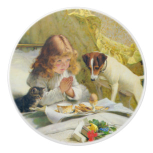 Pomo De Cerámica Chica Vintage Rezando con Arte de Gato y Perro Sus