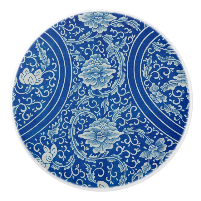 Pomo De Cerámica Chinoiserie clásica chino de cobalto azul floral (Anverso)