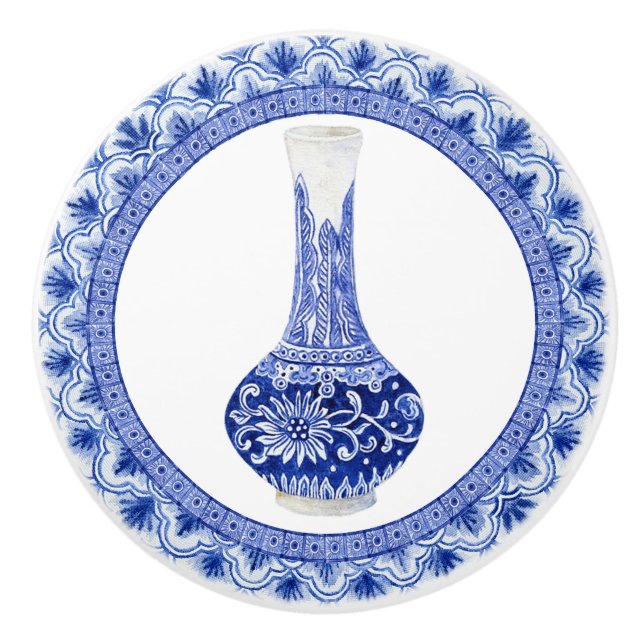 Pomo De Cerámica Chinoiserie Flagonfly jengibre blanco azul (Anverso)