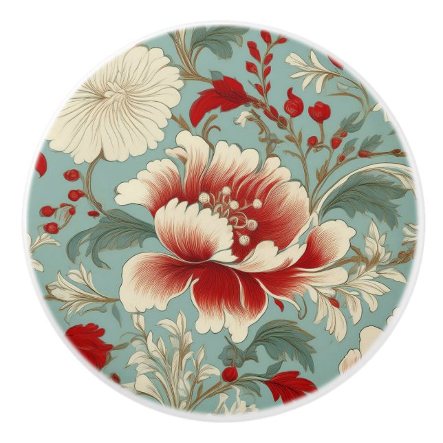 Pomo De Cerámica Chinoiserie floral roja, crema y verde (Anverso)