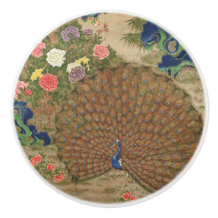Pomo De Cerámica Chinoiserie Pavo Azul con Jardín de Flores Exótica