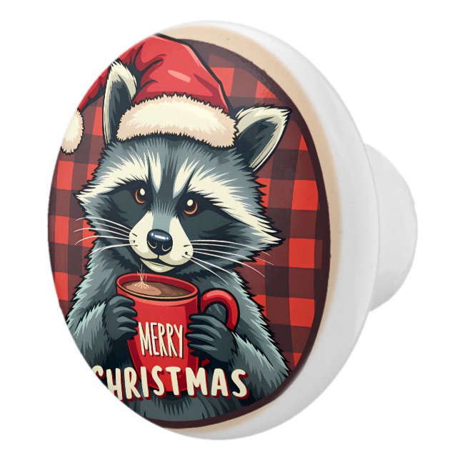 Pomo De Cerámica Christmas Raccoon Cocoa Cheer (Derecha)