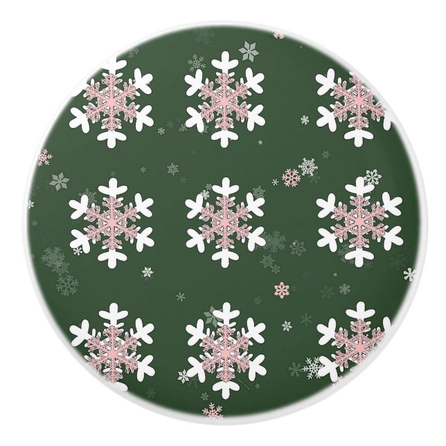 Pomo De Cerámica Christmas Snowflakes On Green Drawer Pull Knob (Anverso)