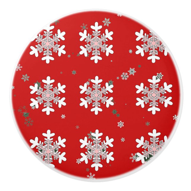 Pomo De Cerámica Christmas Snowflakes On Red Drawer Pull Knob (Anverso)