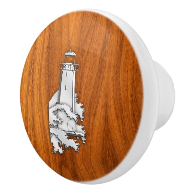 Pomo De Cerámica Chrome Lighthouse on Teak Wood Grain Print (Derecha)