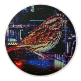 Pomo De Cerámica Ciberpunk Sparrow en Neon Cityscape