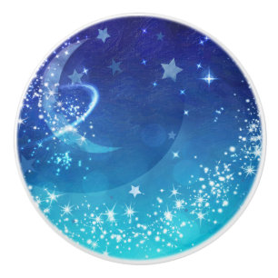 Pomo De Cerámica Cielo Celeste Luna Brillo & Estrellas Acuarela