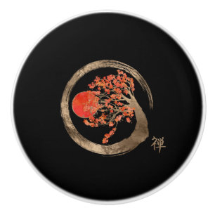 Pomo De Cerámica Círculo de Enso del zen y árbol de oro de Sakura
