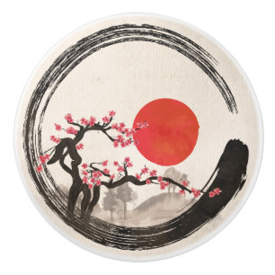 Pomo De Cerámica Círculo de Enso del zen y árbol de Sakura