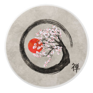 Pomo De Cerámica Círculo de Enso del zen y árbol de Sakura en lona