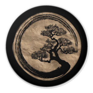 Pomo De Cerámica Círculo del zen de Enso y oro del árbol de los