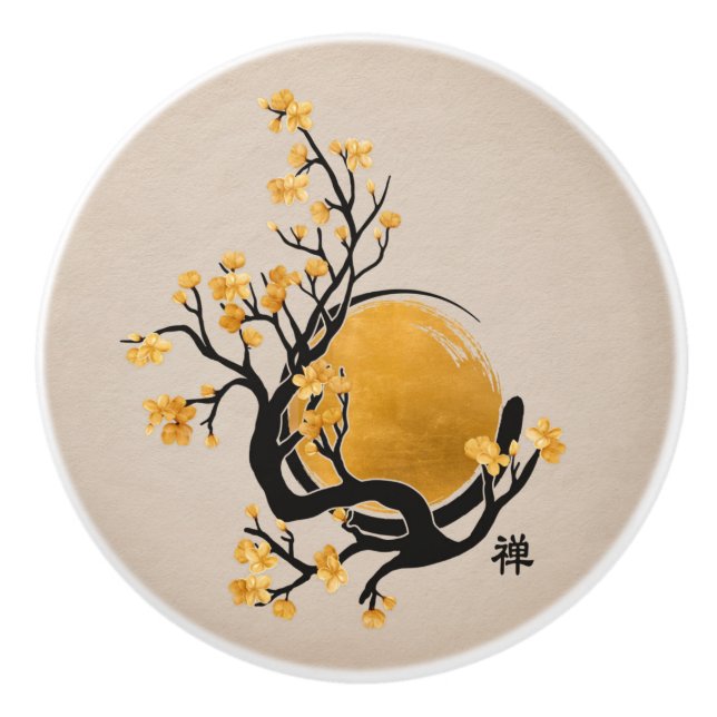 Pomo De Cerámica Círculo Zen Enso, Sol Dorado y Florencia Sakura (Anverso)