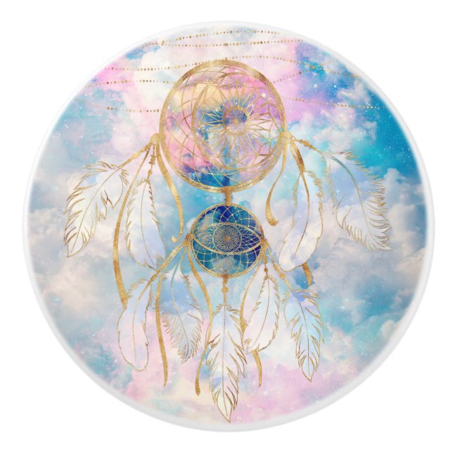 Pomo De Cerámica Classy Gold dreamcatcher Rainbow Clouds Sky design (Anverso)