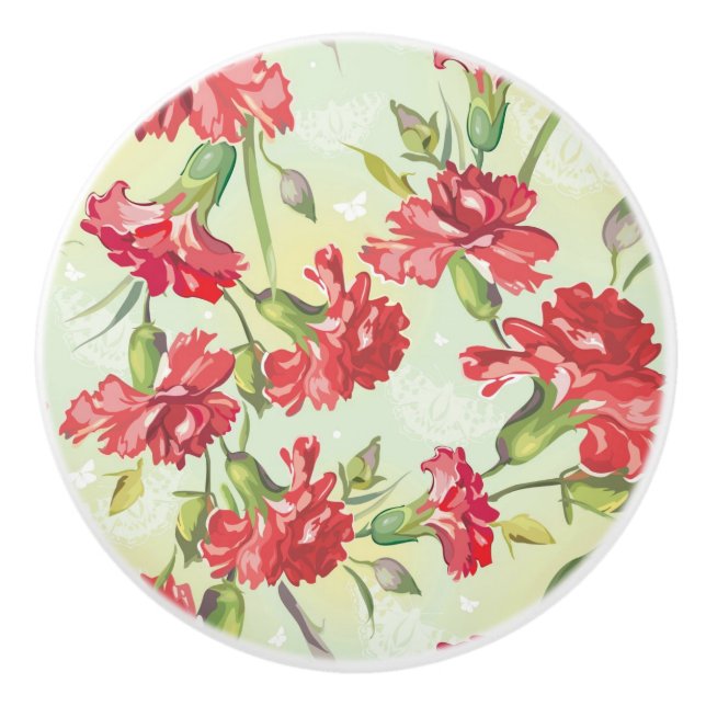 Pomo De Cerámica Claveles rojos en verde con las mariposas (Anverso)