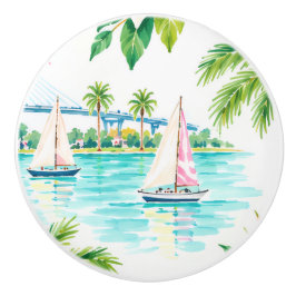 Pomo De Cerámica Coastal Lowcountry Palm Tree Sailboat Cabinet Knob