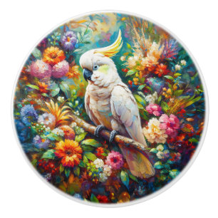 Pomo De Cerámica Cockatoo con flores de colores