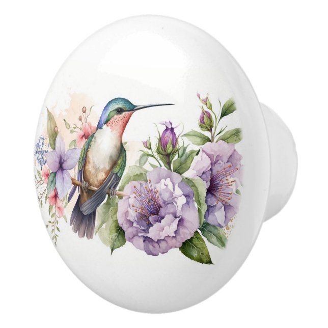 Pomo De Cerámica Colibrí acuarela y flores moradas (Derecha)