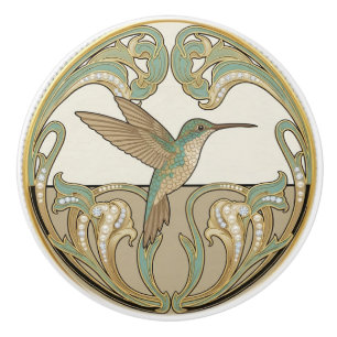 Pomo De Cerámica Colibrí Sage Verde y Dorado Art Déco Nouveau