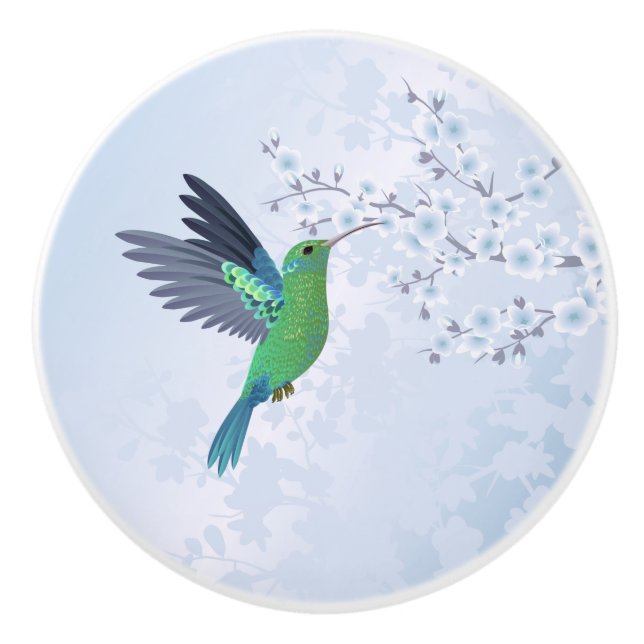 Pomo De Cerámica Colibrí Verde Con Flor De Cerezo Azul (Anverso)