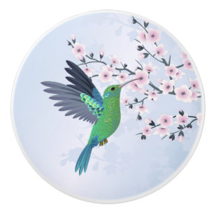 Pomo De Cerámica Colibrí verde lindo cerezo flor 