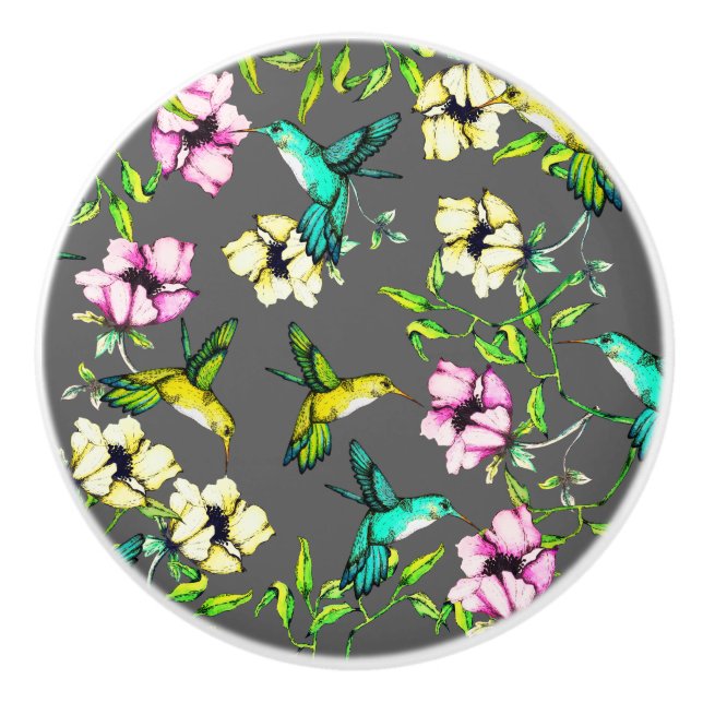 Pomo De Cerámica Colibríes y flores acuáticas (Anverso)