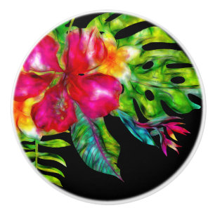 Pomo De Cerámica Color Brillante Floral Tropical Hibisco y Hojas