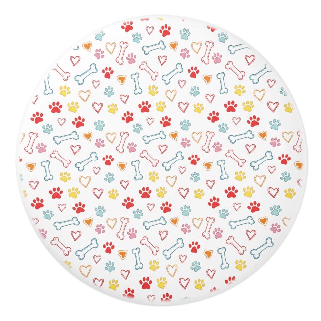 Pomo De Cerámica Colorful Paws, Hearts & Bones Doodle  (Anverso)