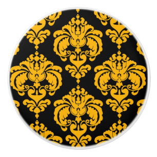 Pomo De Cerámica Cómoda elegante de damasco amarillo intenso y negr