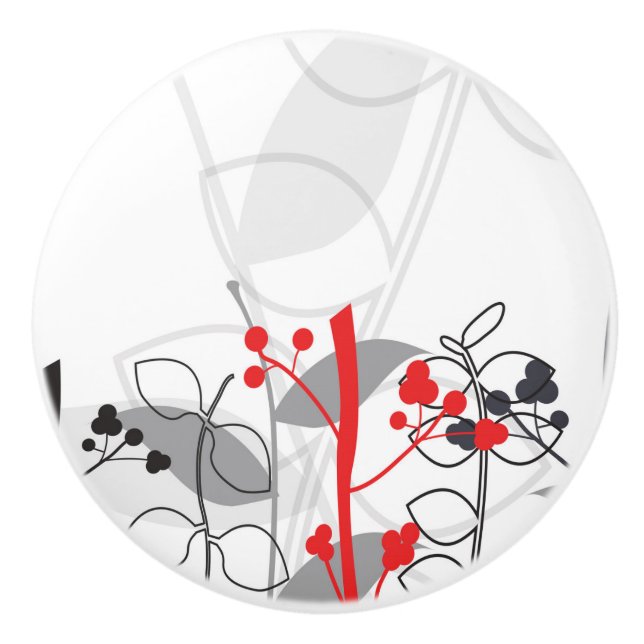 Pomo De Cerámica Cómoda floral botánica gris roja negra blanca (Anverso)