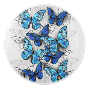 Pomo De Cerámica Composición de las mariposas blancas y azules