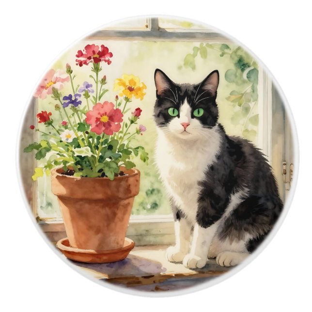 Pomo De Cerámica Con tema de gato y flor (Anverso)