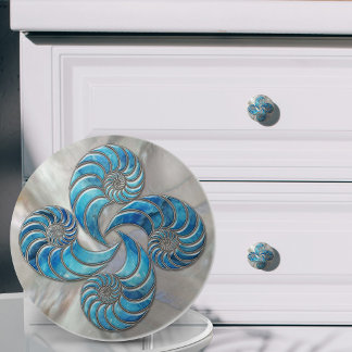 Pomo De Cerámica Concha de Nautilus Azul Mármol y Madreperla