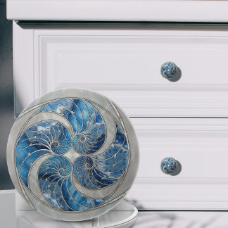 Pomo De Cerámica Concha de Nautilus Azul Mármol y Madreperla