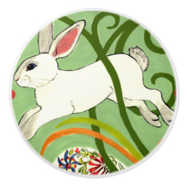 Pomo De Cerámica Conejo Blanco Verde Art Deco Vines Cañón de arrast