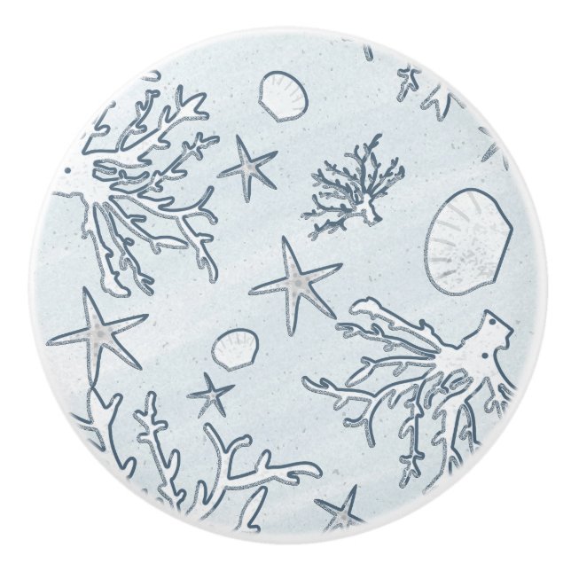 Pomo De Cerámica Coral Reef & Sea Shells Beach Blue Gray (Anverso)