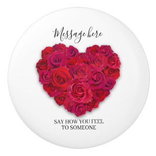 Pomo De Cerámica Corazón Floral Romántico Rosa Roja con Texto Perso