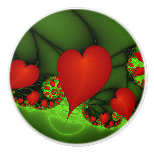 Pomo De Cerámica Corazones rojos animan el arte fractal verde moder