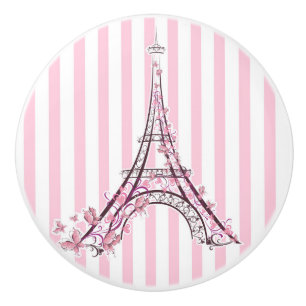 Pomo De Cerámica Corazones rosados y mariposas Paris Torre Eiffel C