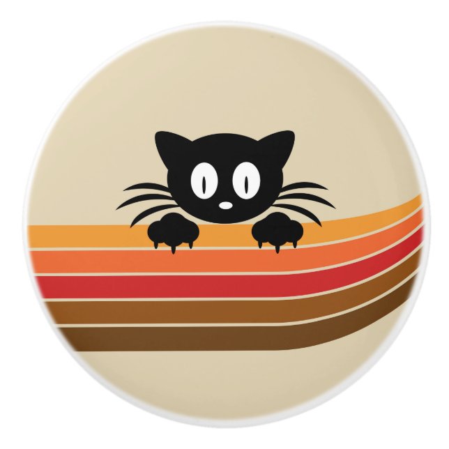 Pomo De Cerámica Cortar gato negro con rayas retro (Anverso)