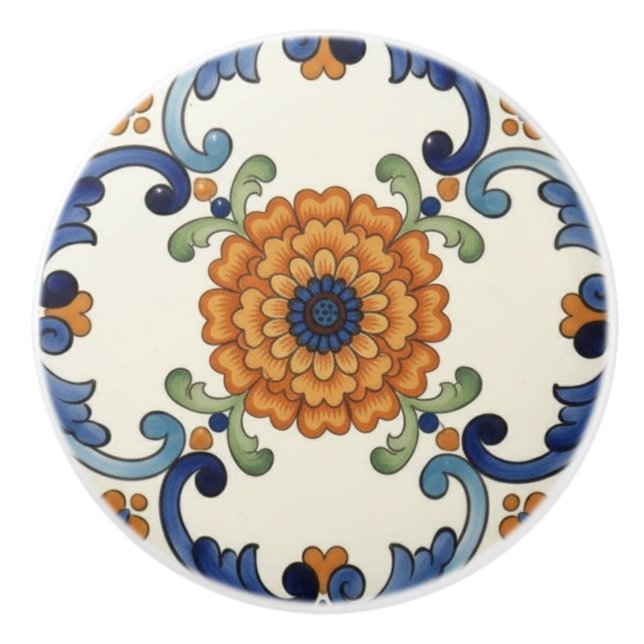 Pomo De Cerámica Country Folk Flower Mediterranean Blue Orange (Anverso)