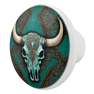 Pomo De Cerámica Cowboy Brown Turquoise Western Country Bull SKull